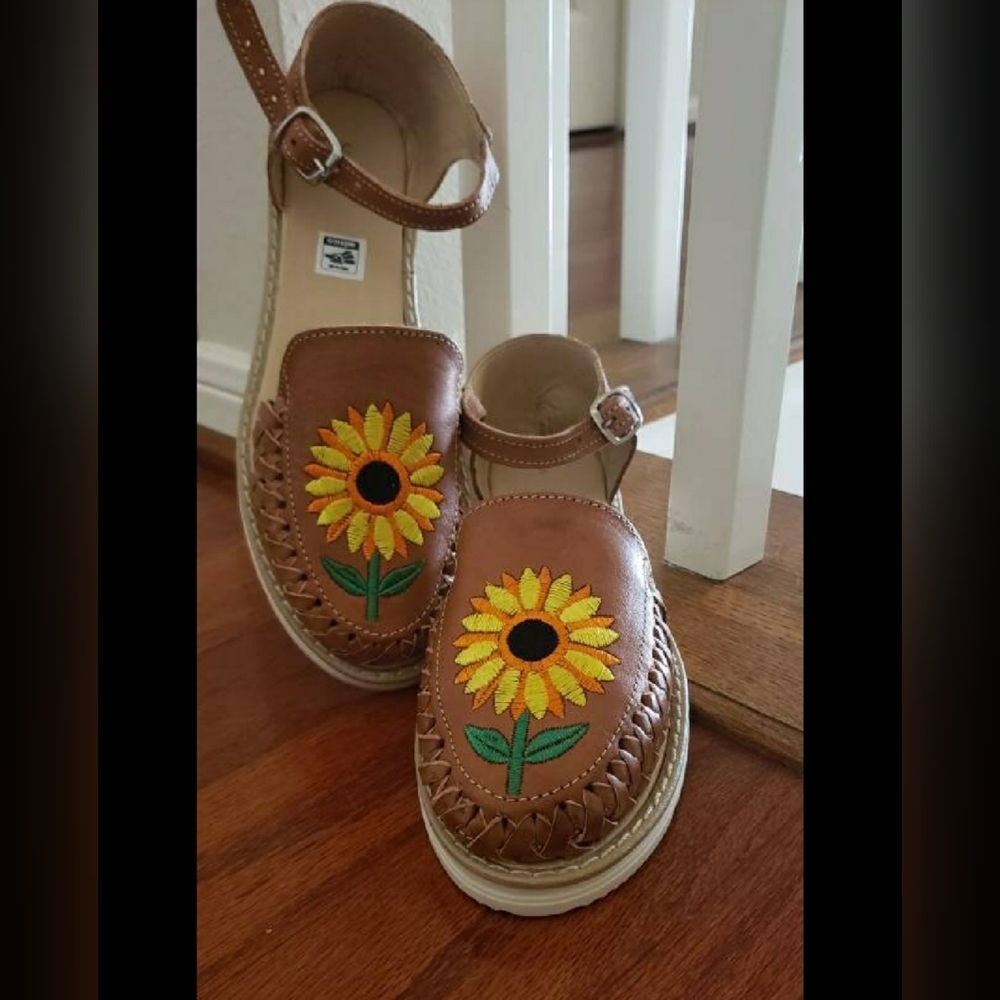 🌻 Sunflower Embroidered Leather Mary Jane Flats | Boho Artisan Shoes